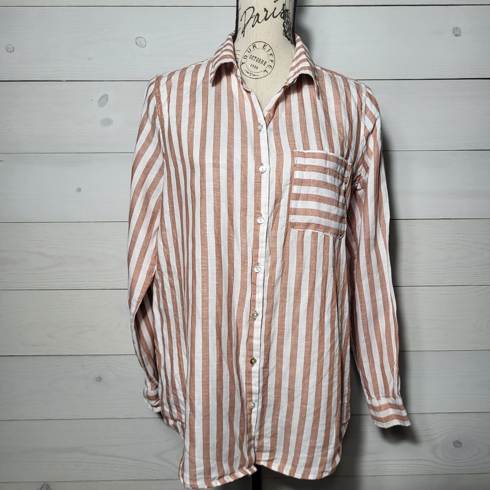 Nicole Miller Linen Top Striped Button Down Shirt Coastal Beach Vacation Resort